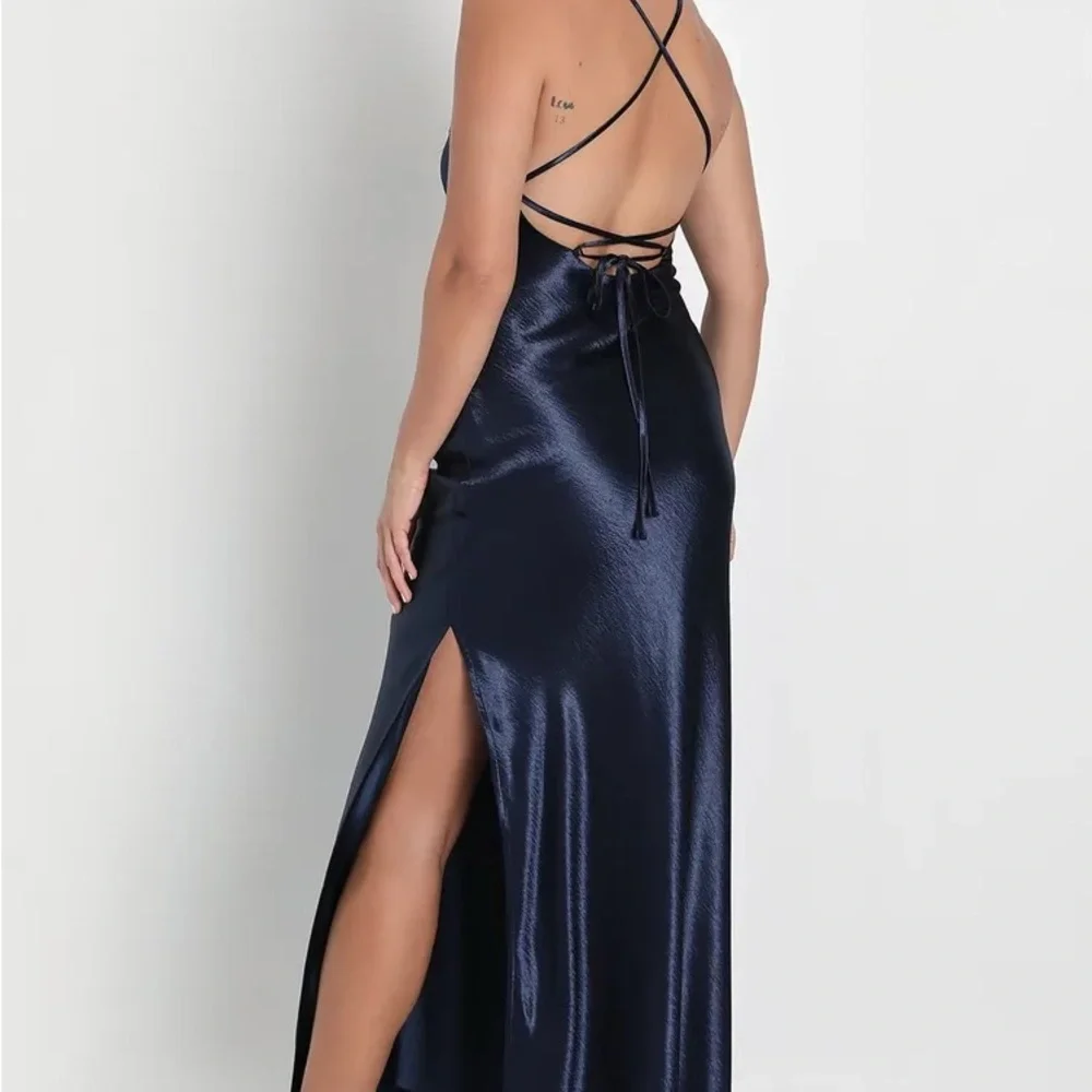 Divine Celebration Navy Blue Satin Lace-Up Maxi Dress - Picture 3 of 6